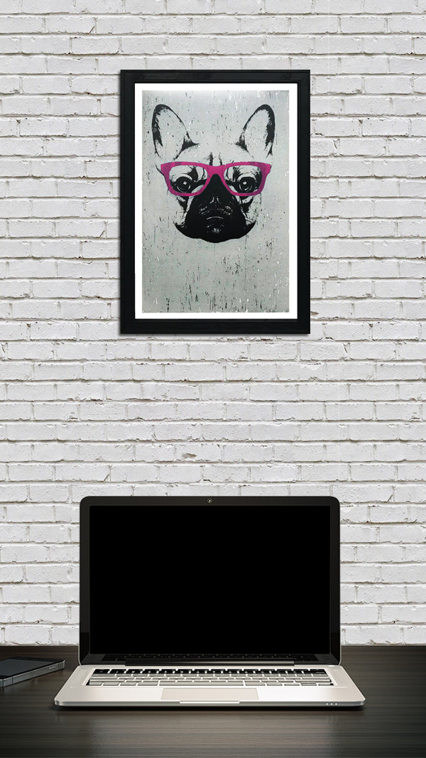 Limited Edition French Bulldog with Pink Glasses Art Poster / Print - 13x19"