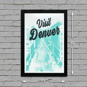 Limited Edition Visit Denver Poster Art - Black and Teal Print - 13x19"
