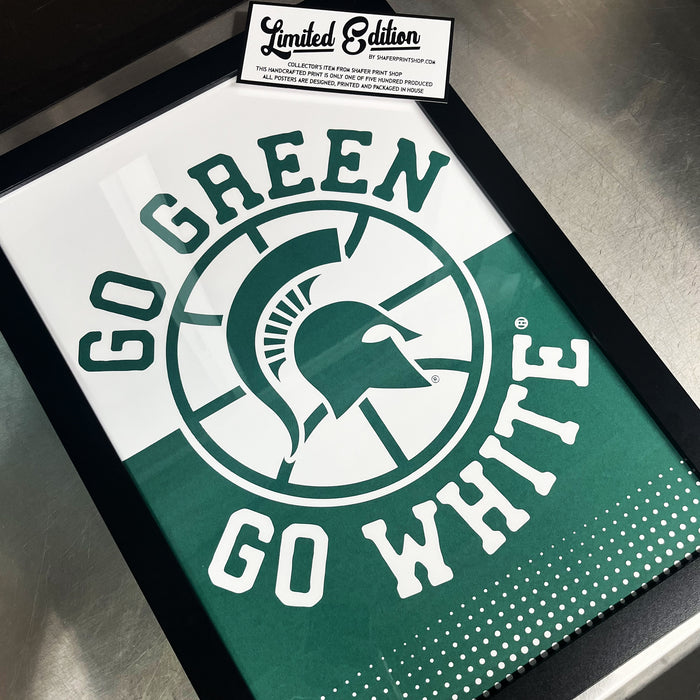 Limited Edition Michigan State Go Green Go White Basketball Poster Art Print - Gifts for Mich State Spartans Fans - 13x19"