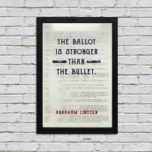 Limited Edition Abraham Lincoln Poster Art - Ballot Stronger than Bullet Quote Blue and Red - 13x19"
