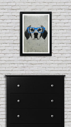 Limited Edition Beagle with Blue Glasses Art Poster / Print - 13x19"