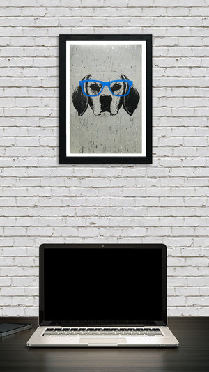 Limited Edition Beagle with Blue Glasses Art Poster / Print - 13x19"