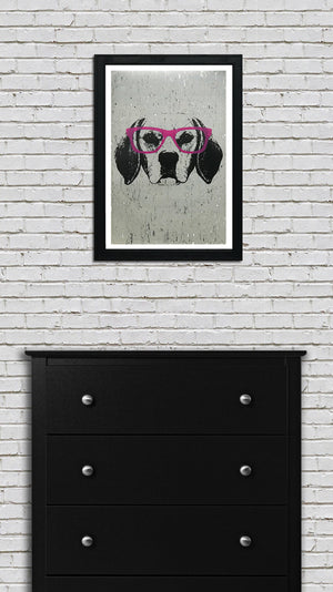 Limited Edition Beagle with Pink Glasses Art Print / Poster - 13x19"