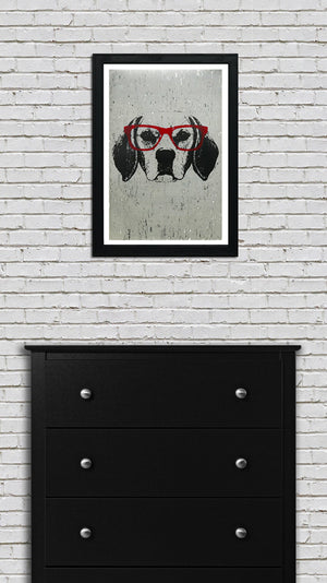 Limited Edition Beagle with Red Glasses Art Poster / Print - 13x19"