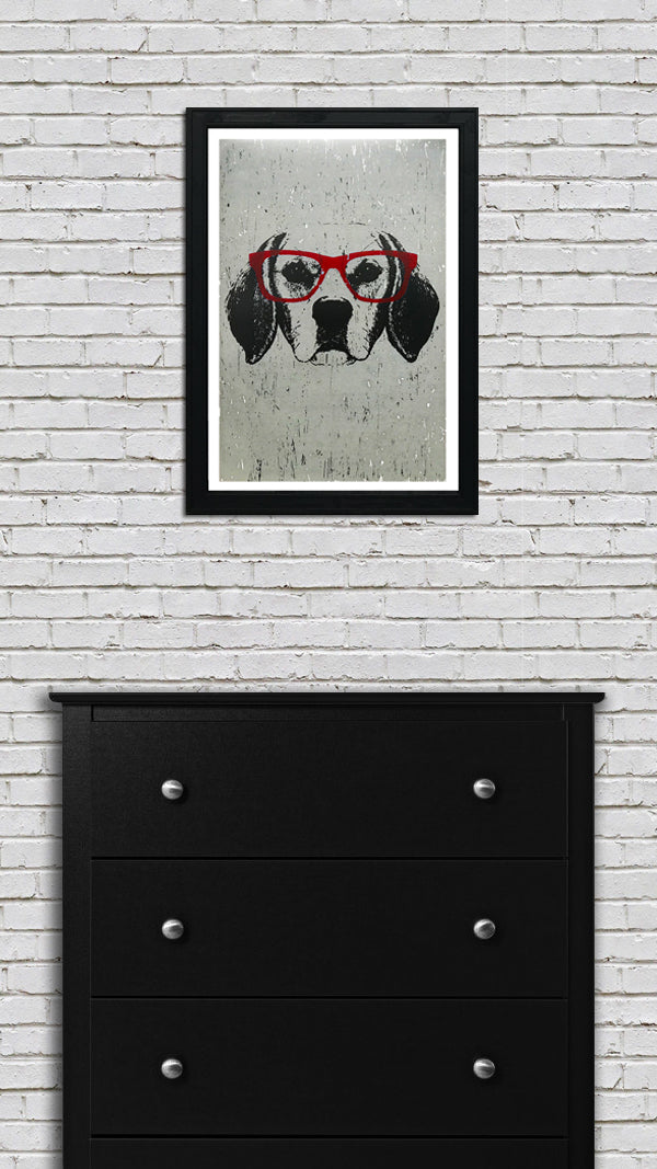 Limited Edition Beagle with Red Glasses Art Poster / Print - 13x19"