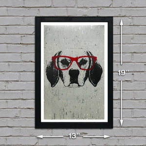 Limited Edition Beagle with Red Glasses Art Poster / Print - 13x19"