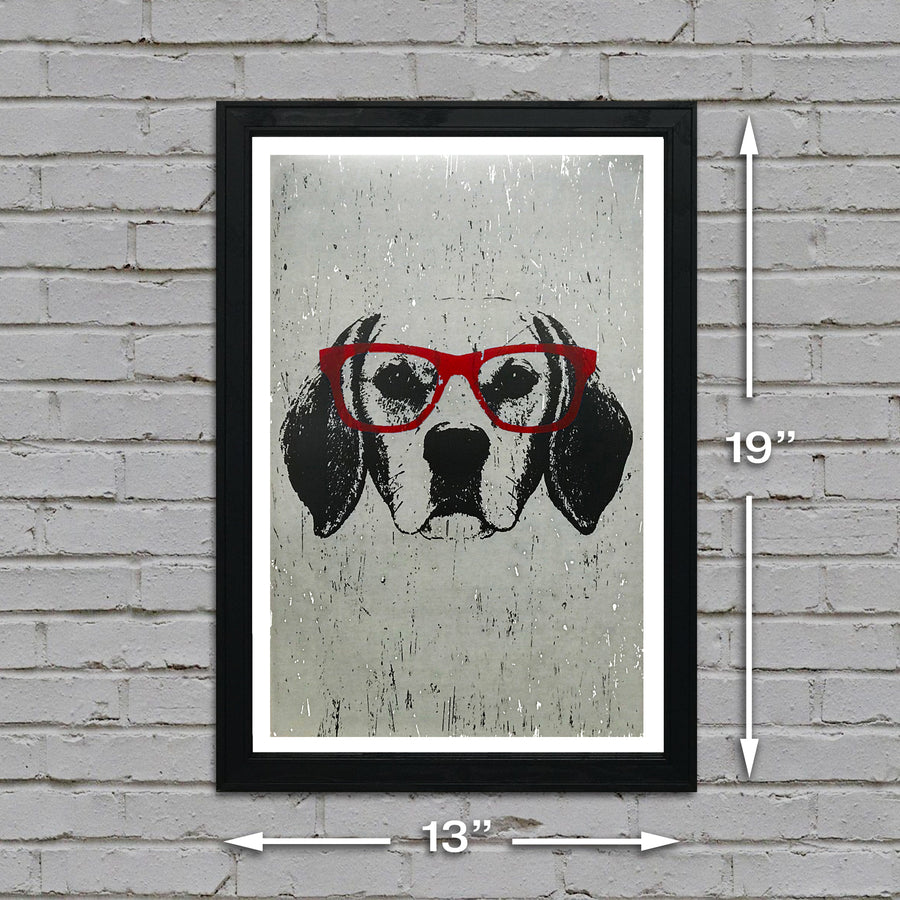 Limited Edition Beagle with Red Glasses Art Poster / Print - 13x19"