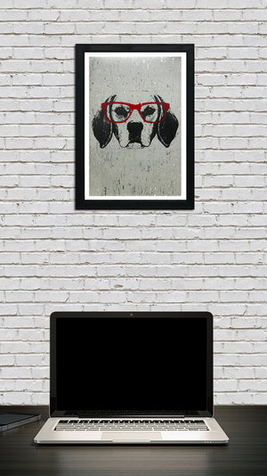 Limited Edition Beagle with Red Glasses Art Poster / Print - 13x19"