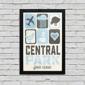 Limited Edition Central Park Denver Colorado Poster Art Print Powder Blue and Charcoal - 13x19"