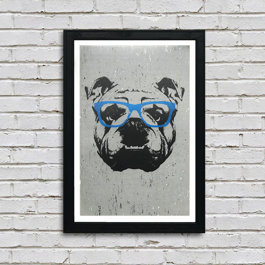 english bulldog art poster with blue glasses