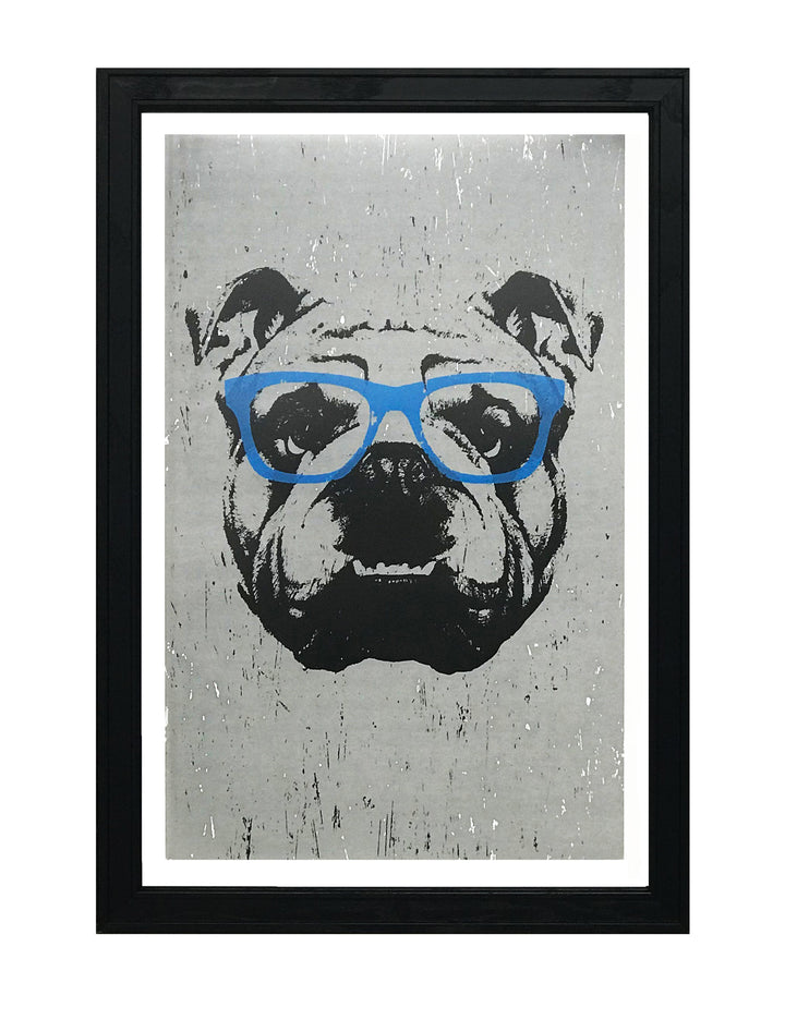 Limited Edition English Bulldog Art Poster / Print with Blue Glasses - 13x19"