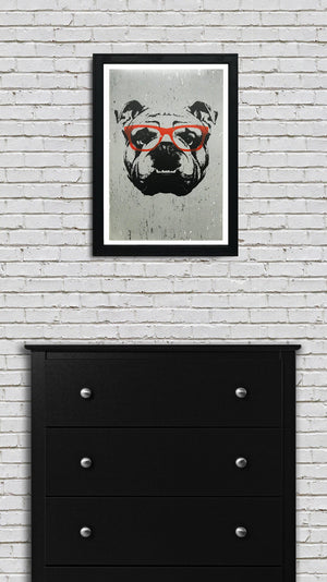 Limited Edition English Bulldog Art Poster with Orange Glasses - 13x19"