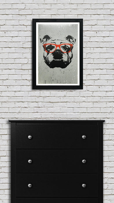 Limited Edition English Bulldog Art Poster with Orange Glasses - 13x19"
