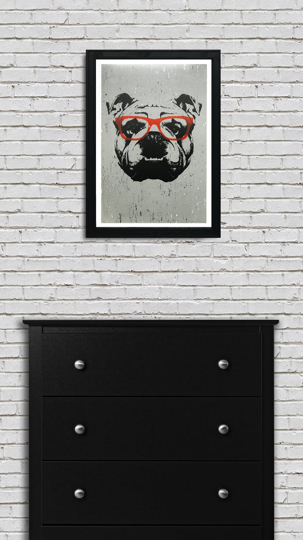 Limited Edition English Bulldog Art Poster with Orange Glasses - 13x19"