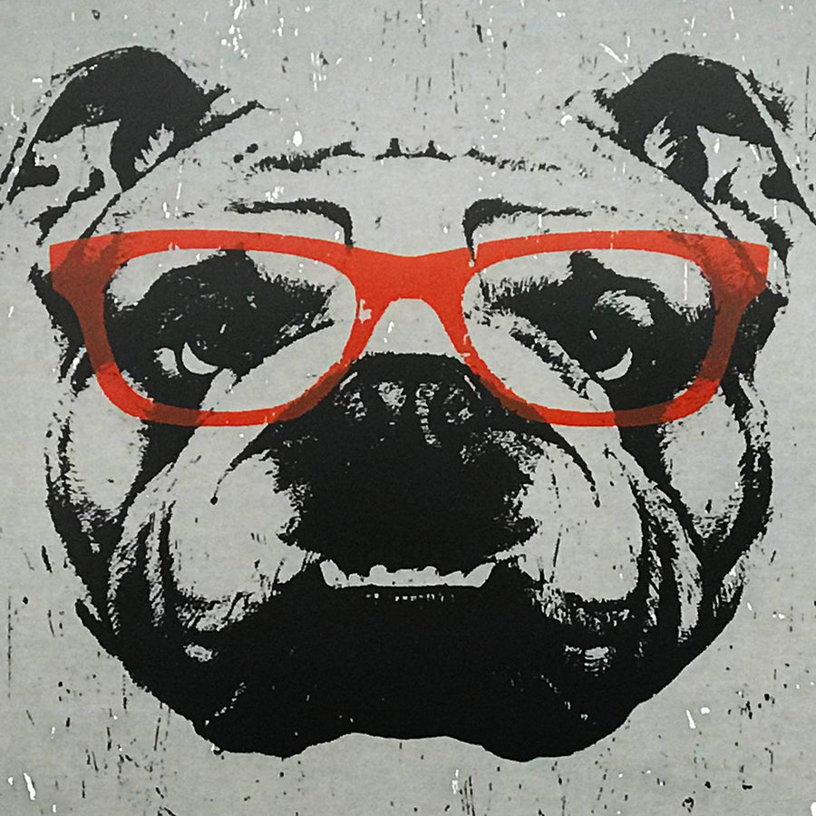 Limited Edition English Bulldog Art Poster with Orange Glasses - 13x19"