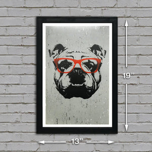 Limited Edition English Bulldog Art Poster with Orange Glasses - 13x19"