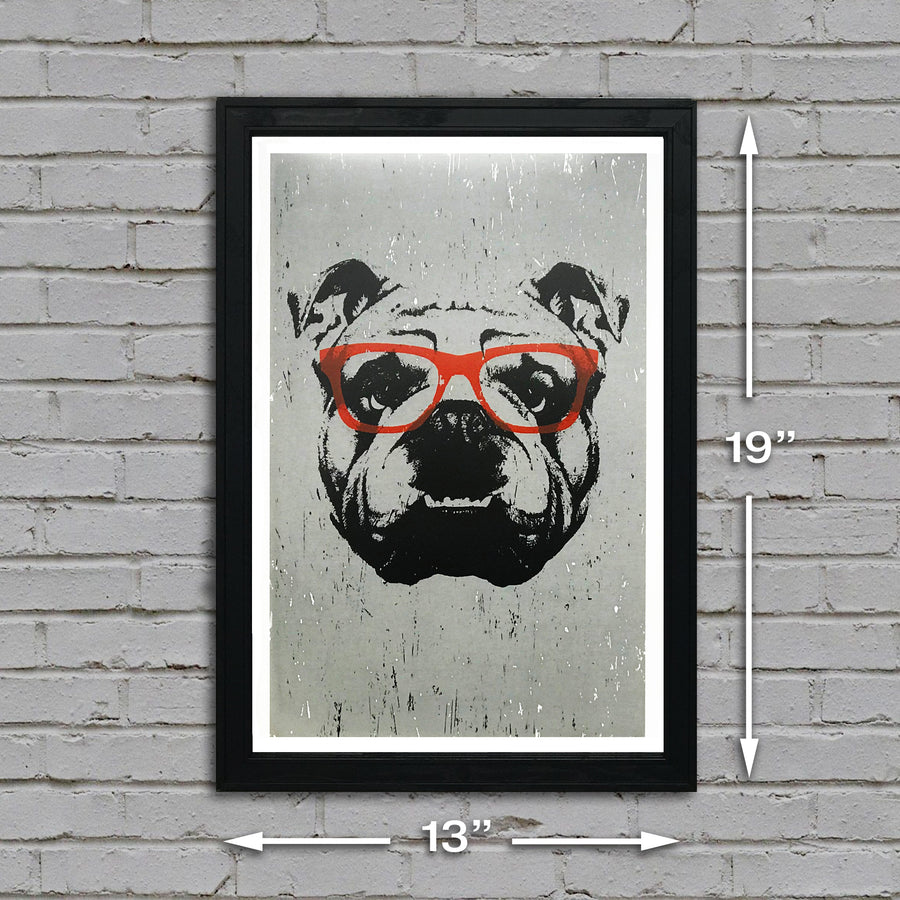 Limited Edition English Bulldog Art Poster with Orange Glasses - 13x19"