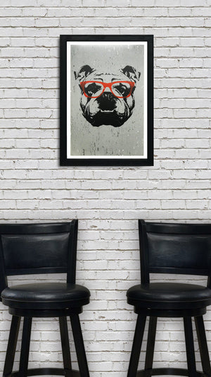 Limited Edition English Bulldog Art Poster with Orange Glasses - 13x19"