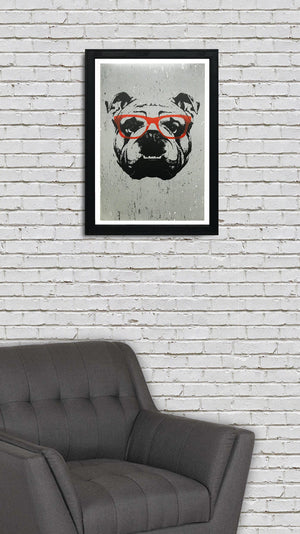 Limited Edition English Bulldog Art Poster with Orange Glasses - 13x19"