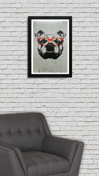 Limited Edition English Bulldog Art Poster with Orange Glasses - 13x19"