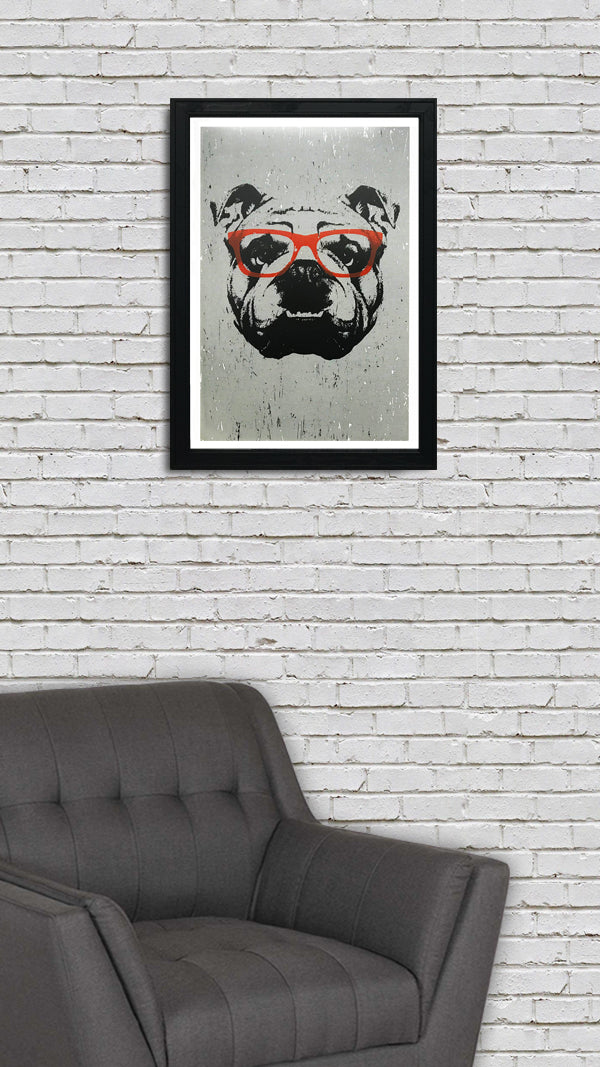 Limited Edition English Bulldog Art Poster with Orange Glasses - 13x19"