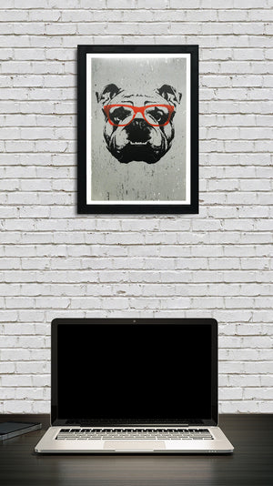 Limited Edition English Bulldog Art Poster with Orange Glasses - 13x19"