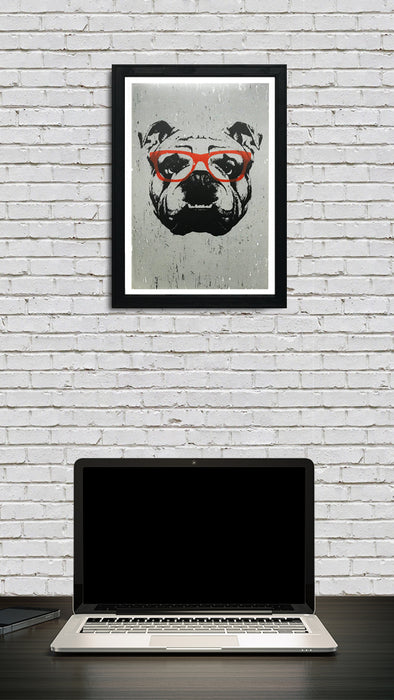 Limited Edition English Bulldog Art Poster with Orange Glasses - 13x19"