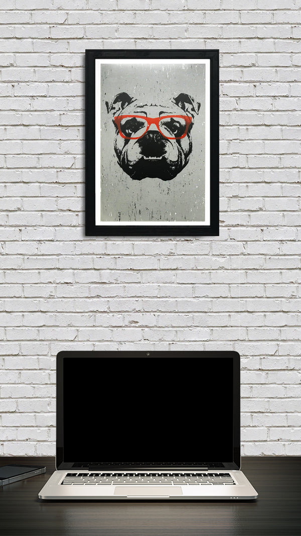 Limited Edition English Bulldog Art Poster with Orange Glasses - 13x19"