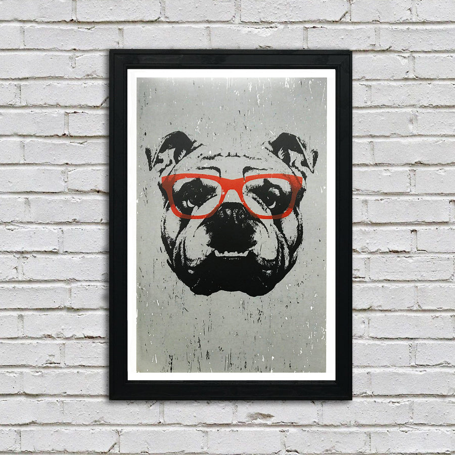 Limited Edition English Bulldog Art Poster with Orange Glasses - 13x19"