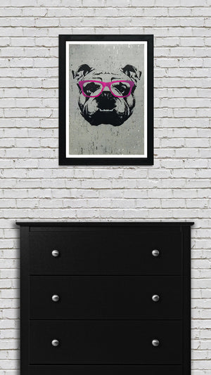 Limited Edition English Bulldog with Pink Glasses Art Print / Poster - 13x19"