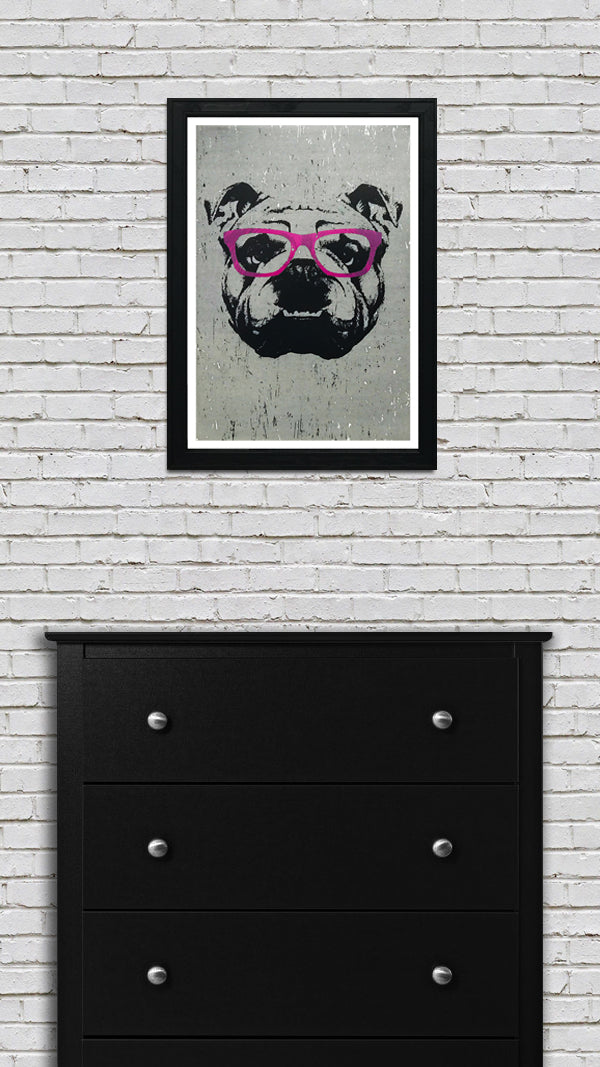 Limited Edition English Bulldog with Pink Glasses Art Print / Poster - 13x19"
