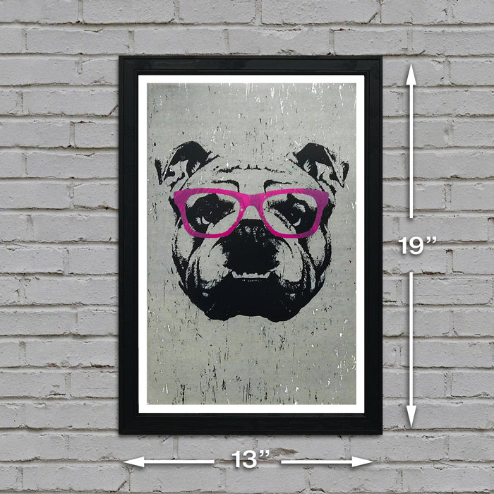 Limited Edition English Bulldog with Pink Glasses Art Print / Poster - 13x19"