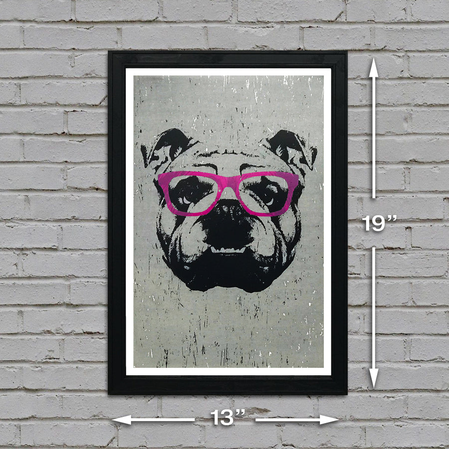 Limited Edition English Bulldog with Pink Glasses Art Print / Poster - 13x19"