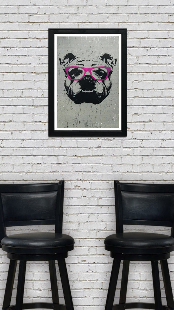 Limited Edition English Bulldog with Pink Glasses Art Print / Poster - 13x19"