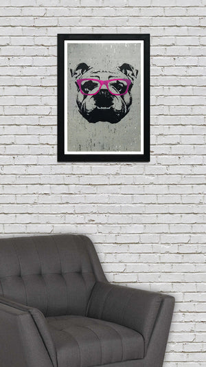 Limited Edition English Bulldog with Pink Glasses Art Print / Poster - 13x19"