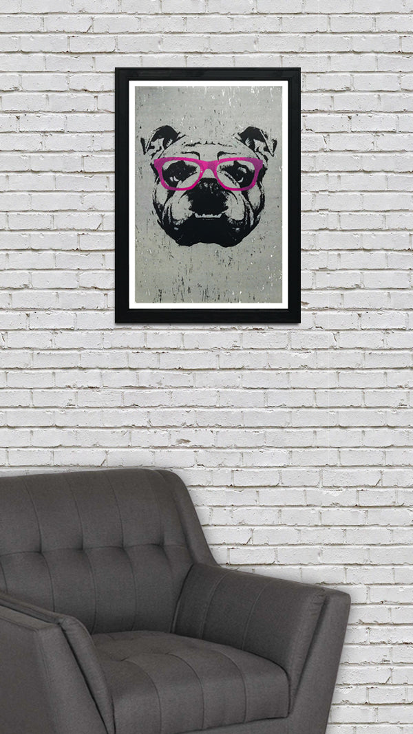 Limited Edition English Bulldog with Pink Glasses Art Print / Poster - 13x19"
