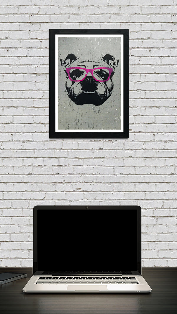 Limited Edition English Bulldog with Pink Glasses Art Print / Poster - 13x19"