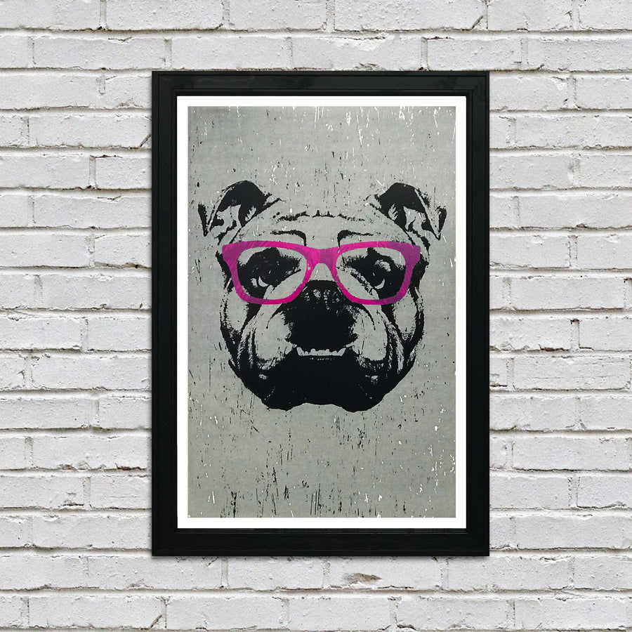 Limited Edition English Bulldog with Pink Glasses Art Print / Poster - 13x19"