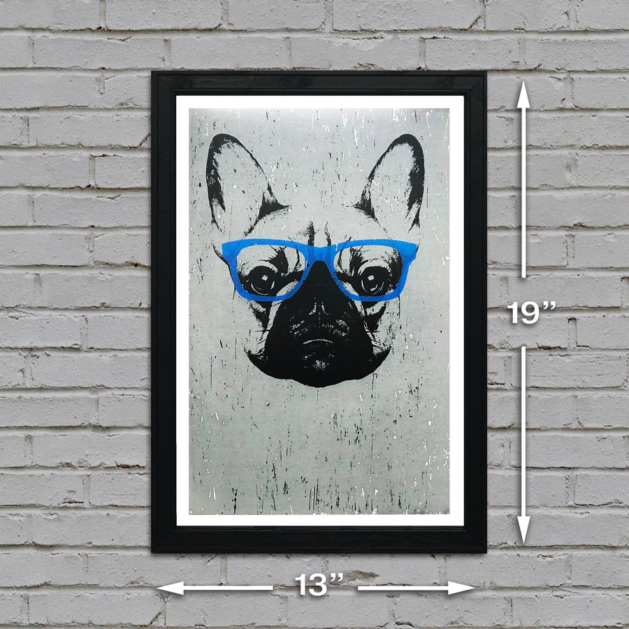 Limited Edition French Bulldog with Blue Glasses Art Poster / Print - 13x19"
