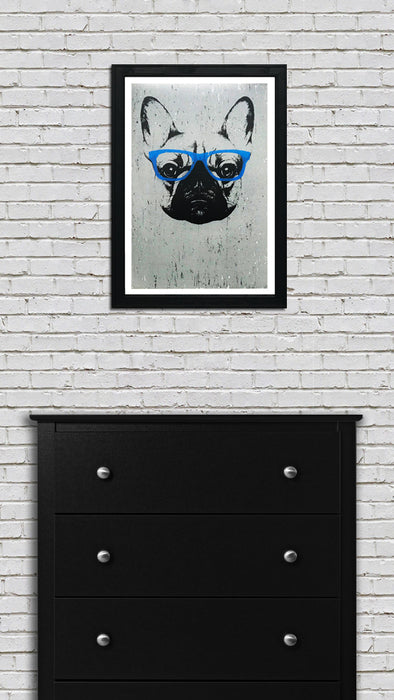 Limited Edition French Bulldog with Blue Glasses Art Poster / Print - 13x19"