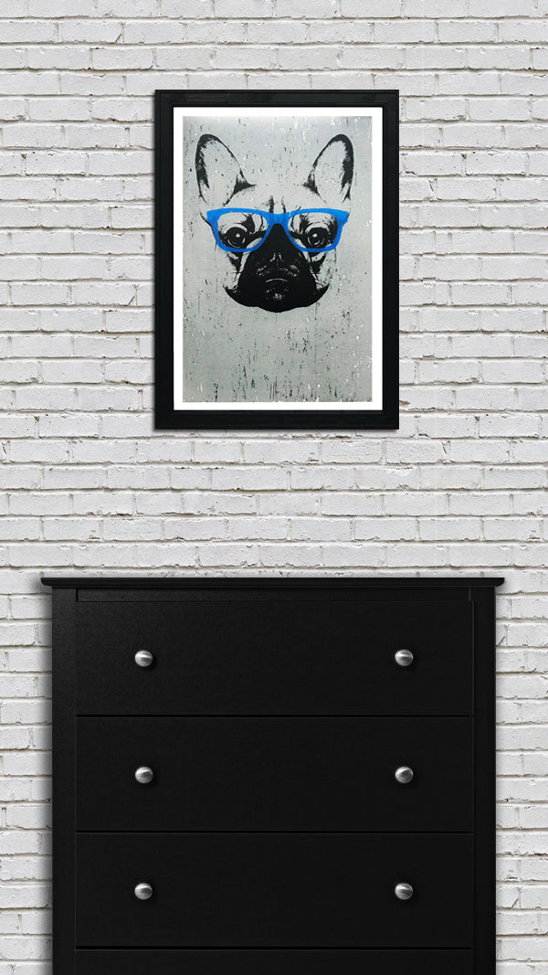 Limited Edition French Bulldog with Blue Glasses Art Poster / Print - 13x19"