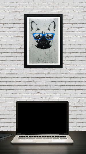Limited Edition French Bulldog with Blue Glasses Art Poster / Print - 13x19"