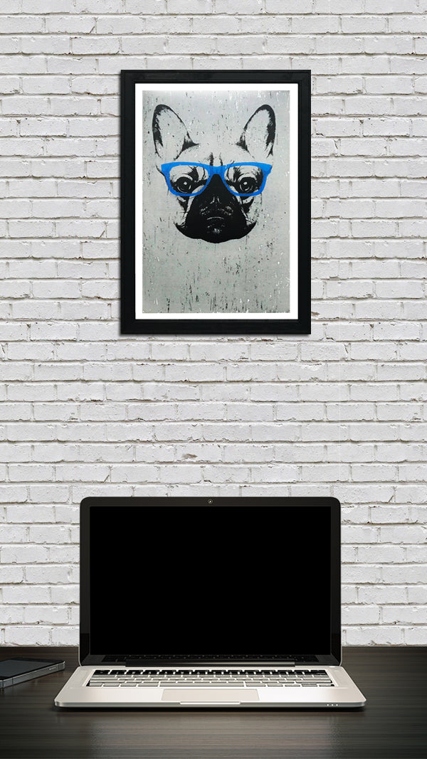 Limited Edition French Bulldog with Blue Glasses Art Poster / Print - 13x19"