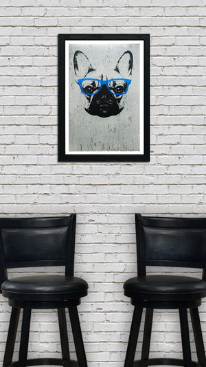 Limited Edition French Bulldog with Blue Glasses Art Poster / Print - 13x19"