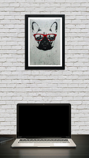 Limited Edition French Bulldog with Red Glasses Art Poster / Print - 13x19"