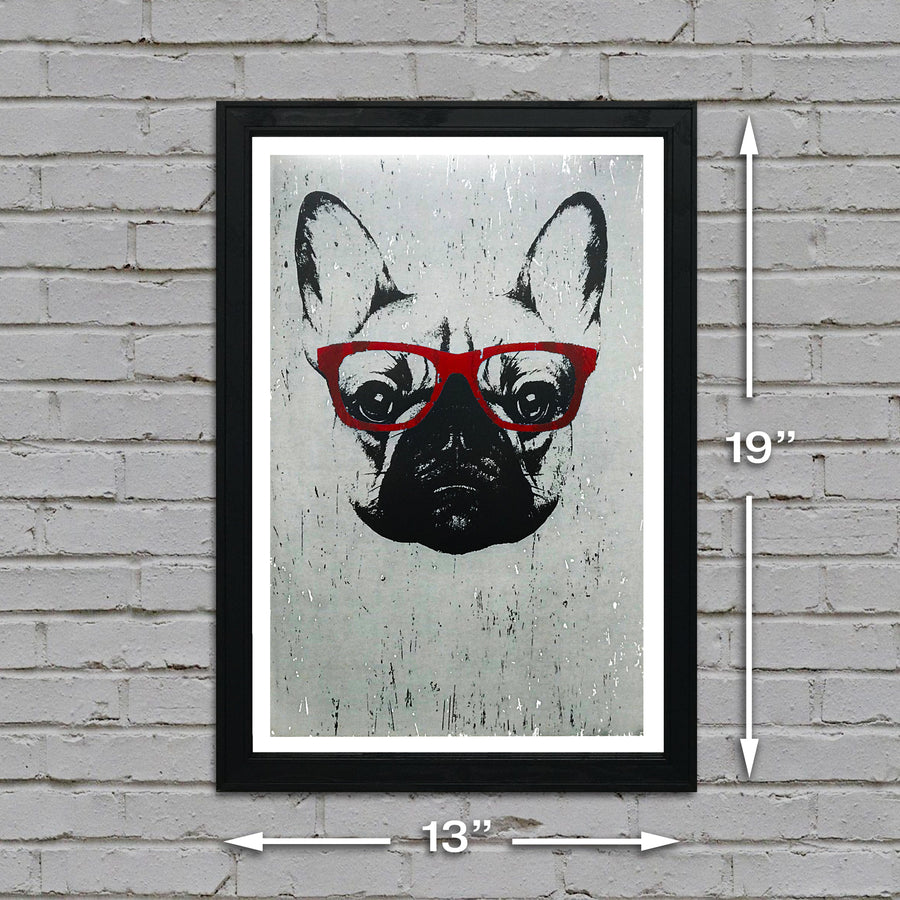 Limited Edition French Bulldog with Red Glasses Art Poster / Print - 13x19"