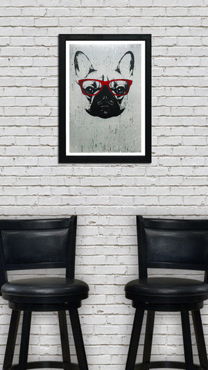 Limited Edition French Bulldog with Red Glasses Art Poster / Print - 13x19"