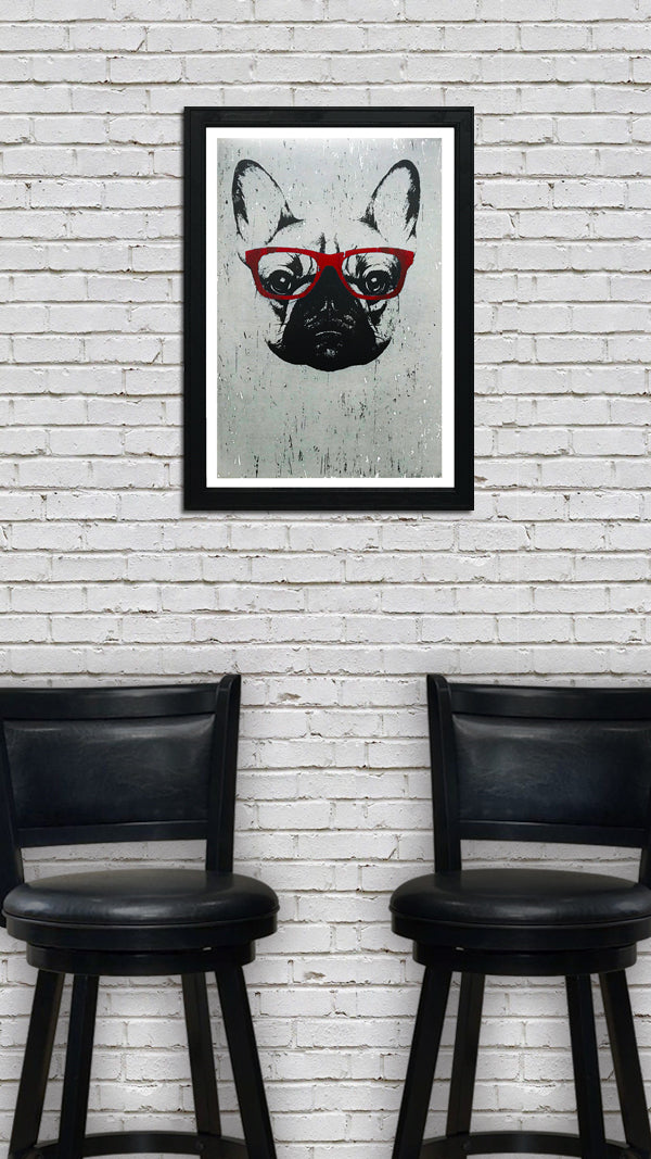 Limited Edition French Bulldog with Red Glasses Art Poster / Print - 13x19"