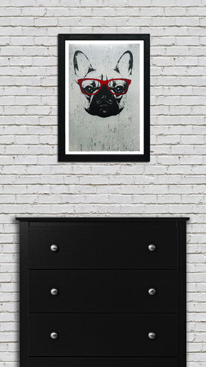 Limited Edition French Bulldog with Red Glasses Art Poster / Print - 13x19"