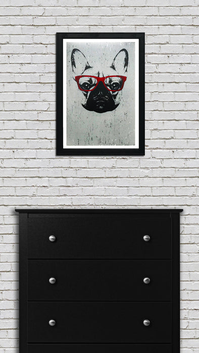 Limited Edition French Bulldog with Red Glasses Art Poster / Print - 13x19"